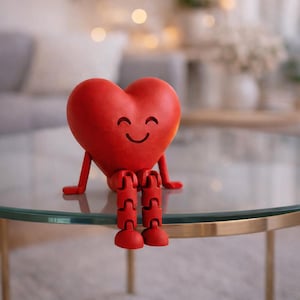 May include: A red heart-shaped figurine with a smiling face and jointed legs and arms. The figurine is sitting on a glass table with a gold-colored metal frame. The background is blurred, suggesting an indoor setting.