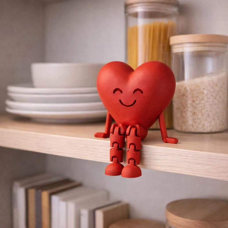 May include: A red heart-shaped figurine with a smiling face and jointed legs, sitting on a wooden shelf. The figurine is in front of jars of pasta and rice, and a stack of white plates. The heart is a cheerful decorative item.