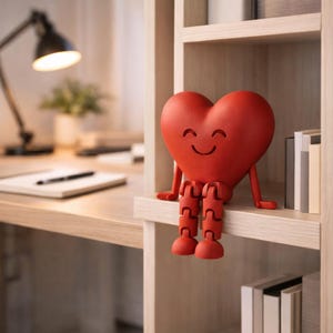 May include: A red heart-shaped figurine with a smiling face and jointed legs and arms, sitting on a shelf. The figurine is a vibrant red color. The background includes a desk with a lamp and a bookshelf with books.