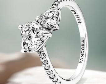 Bague scintillante double coeur en argent sterling Pandora S925, bijoux élégants, magnifique bague à breloques chic, mode femme, cadeau pour son amoureux