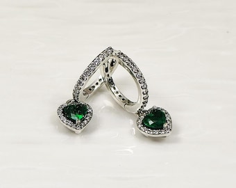 Ale S925 Silver Pandora Sparkling Green Halo Heart Hoop Earrings Sterling Silver