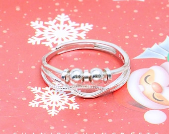Spinning Bead Wheel Sterling Silver Ring, Rotating Stress Relief Adjustable Band, Lucky Charm S925 Jewelry