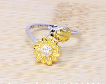 Ladybug and Sunflower Sterling Silver Ring, Rotating Garden Charms Adjustable Band, Whimsical Nature S925 Jewelry