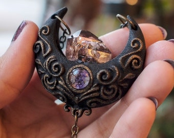 Ancient Magic - Black Crescent Moon Necklace - Super 7 Amethyst Crystal