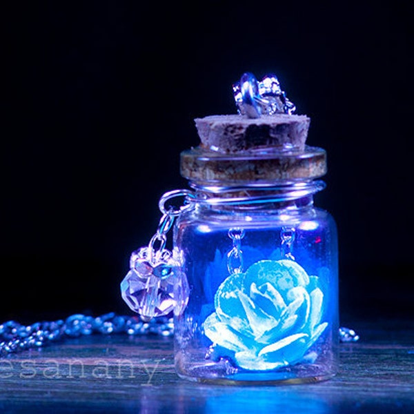 The Glowing Rose - Magical Glow Flower Vial Necklace - Silver - BLACK LIGHT - Star Charm