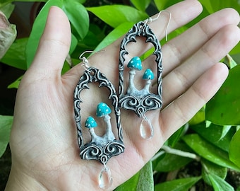 Teal Mushroom - Gothic Window Earrings