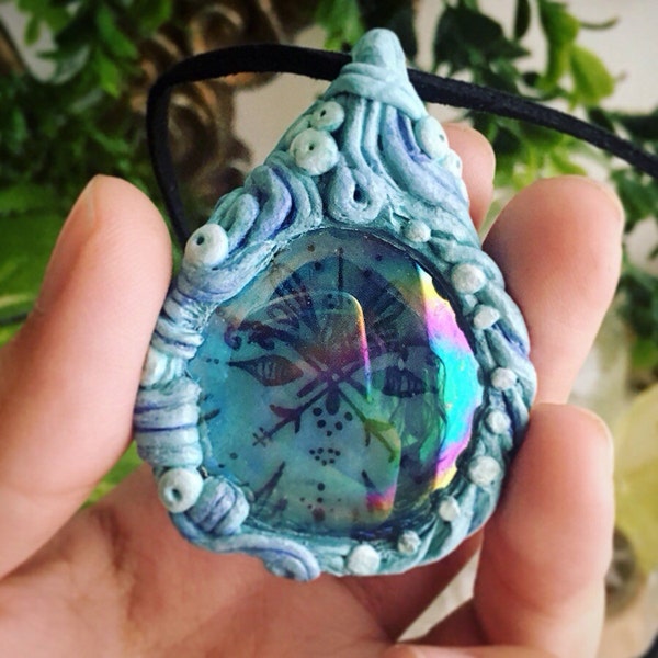 Rainbow Aura GLOW in the DARK Mirror - Rainbow, Nautical, Framed, Clay, Portal, Pendant, Sea, Mermaid, Ocean