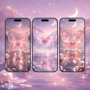 Zestaw 3 tapet Pink Butterfly, Dreamy Moonlight Aesthetic iPhone Wallpaper, Unique Romantic Pastel Mobile Wallpaper, fondos de pantalla