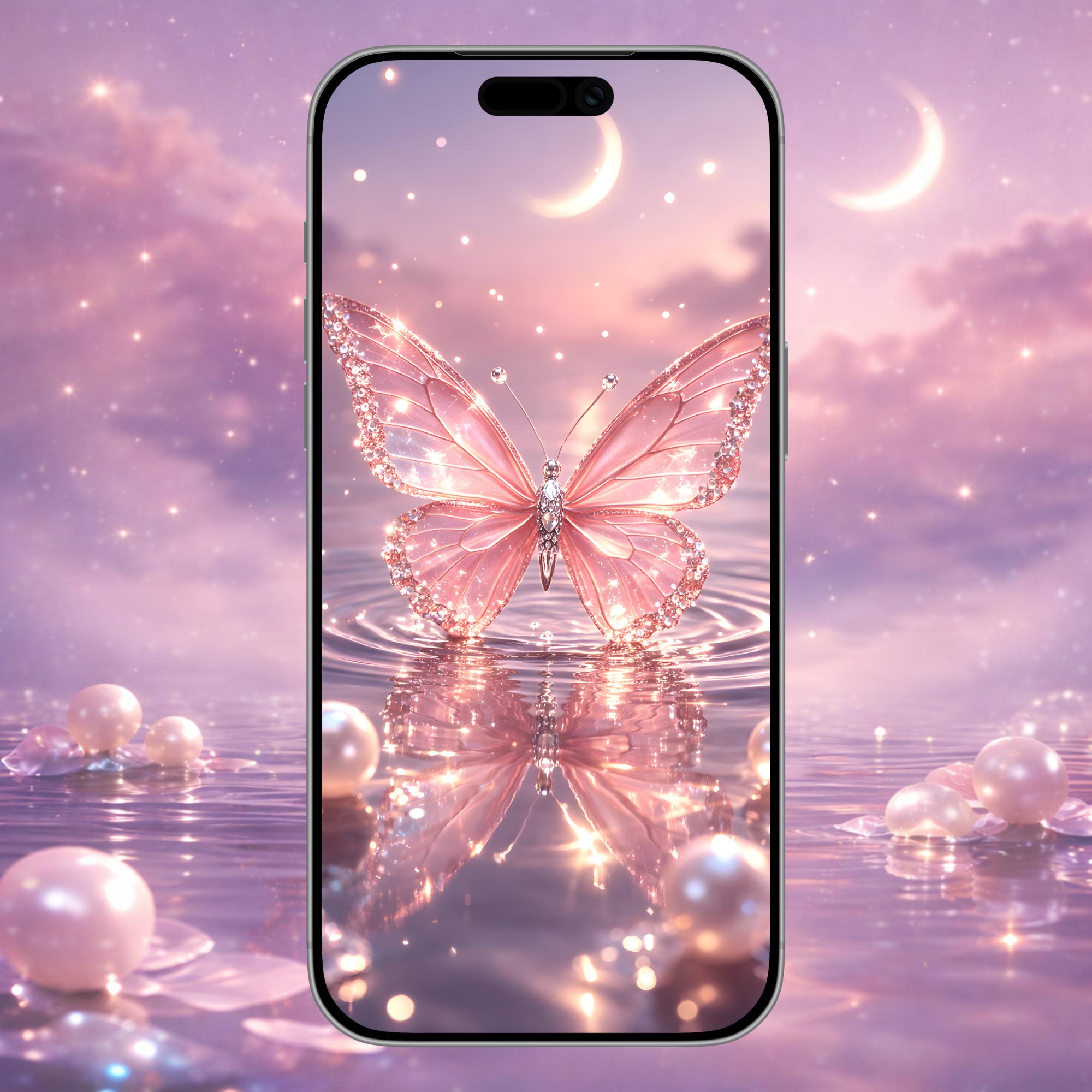 Pink Butterfly Wallpaper Set of 3, Dreamy Moonlight Aesthetic iPhone