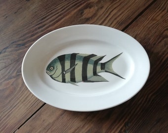 Redecorated vintage ceramic serving dish - Fish - 29x20,5cm