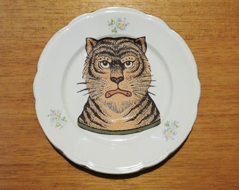 Piatto ceramica vintage ridecorato - Collezione "Wild", tigre, diam circa 20cm