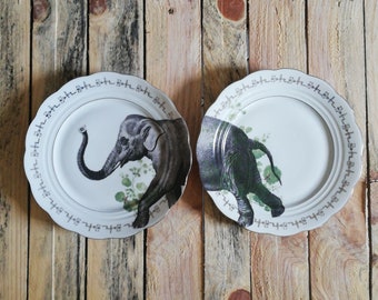 Couple of redecorated porcelain vintage dishes - Twins Collection - Elephant - diam ~ 24,5cm