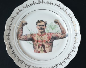 Redecorated vintage porcelain dish with silver geometric  decorations - "Tattoo" Collection w/ Don Manuelo tattoed man - 24cm