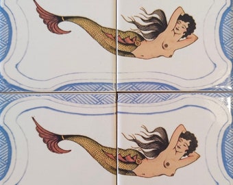 Piastrellina doppia in ceramica ridecorata - Sirena - 10 x 10 cm (x2)