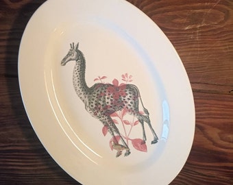 Redecorated vintage ceramic tray - Collection "Wild" - Giraffe -HxW about 34x24,5 cm