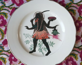 Piatto ceramica vintage ridecorato , Kali, Collezione "Maharaja" diam cm 23,5