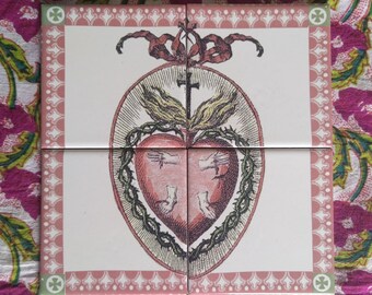 Cuore in 4/4 - composizione di piastrelle in ceramica ridecorata - Cuore sacro - 10 x 10 cm (x4)