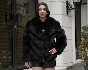 Handmade Black Fox Fur Jacket: Luxury Winter Outerwear