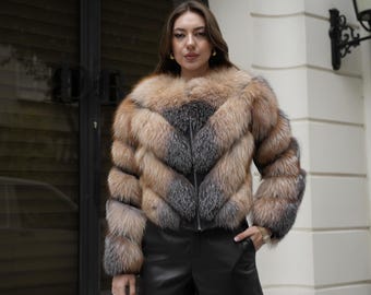 Handmade Red Silver Fox Fur Jacket: Luxury Winter Outerwear
