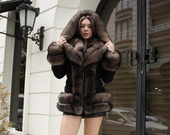 Luxury Genuine Fox Fur Down Jacket, Hooded Winter Coat