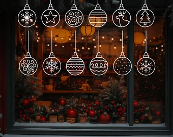 Plantilla de pintura de arte de ventana navideña imprimible, marcador de tiza con adornos de bolas navideñas, descarga digital en PDF.
