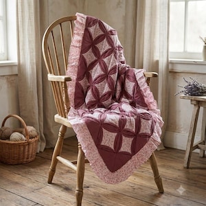 Cathedral Window Quilt | Burgundy Floral Patchwork Baby Blanket