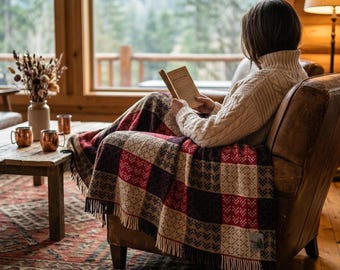 Manta vintage de lana Manaitunga a cuadros rojos y negros, manta de Nueva Zelanda, decoración de cabaña Roslyn