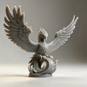 Op de afbeelding: Een grijze fenikssculptuur met uitgespreide vleugels. Het gedetailleerde beeldje toont de mythische vogel bovenop een gestileerde vlam. De sculptuur is een gedetailleerde weergave van het legendarische wezen.