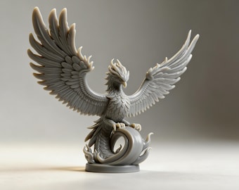 May include: A gray phoenix sculpture with outstretched wings. The detailed figurine depicts the mythical bird perched atop a stylized flame. The sculpture is a detailed representation of the legendary creature.