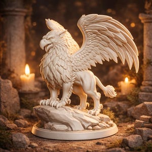 Könnte beinhalten: Eine detaillierte, cremefarbene Greifenstatue. Das Fabelwesen hat den Kopf und die Flügel eines Adlers und den Körper eines Löwen. Sie steht auf einem felsigen Sockel, mit Kerzen und Steinsäulen im Hintergrund. Die Statue ist aufwendig geschnitzt.