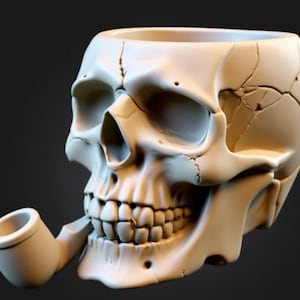 May include: A cream-colored skull-shaped planter with a pipe extending from the mouth. The skull has detailed features, including teeth and eye sockets, and is cracked in several places. The planter has a wide opening at the top.