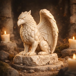 Könnte beinhalten: Eine detaillierte, cremefarbene Greifenstatue, ein Fabelwesen mit Adlerkopf und -flügeln sowie Löwenkörper, sitzt auf einem Steinsockel. Die Statue wird von sanftem Kerzenlicht beleuchtet, wodurch eine warme, einladende Atmosphäre entsteht. Das Setting deutet auf ein Fantasy- oder Dekorationsthema hin.