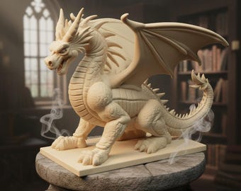 Op de afbeelding: Beige drakenbeeld met gedetailleerde schubben, vleugels en hoorns. De draak staat op een vierkante basis, geplaatst op een stenen zuil. De achtergrond bevat een raam en een boekenkast.