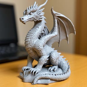 Może przedstawiać: Szara figurka smoka ze szczegółowymi łuskami, rogami i skrzydłami. Smok siedzi na skalistej podstawie, ze skrzydłami rozłożonymi. Figurka wykonana jest z solidnego materiału i ma teksturowaną powierzchnię.