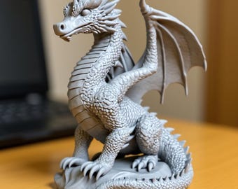 May include: A grey dragon figurine with detailed scales, horns, and wings. The dragon is seated on a rocky base, with its wings spread. The figurine is made of a solid material and has a textured surface.