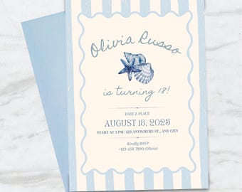 Editable Beach Birthday Invitation Template | Blue Seashell Birthday Invite | Coastal Summer Party Printable | Boho Ocean Theme Invite