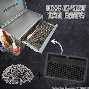May include: A gray U.S. General toolbox with an open drawer containing a black organizer tray filled with 101 metal screwdriver bits. A pile of loose bits sits next to an empty black organizer tray, with text reading DROP-IN-SERT 101 BITS.