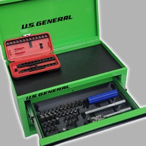 May include: A green metal tool chest with the text "U.S. GENERAL" on the lid and drawer. The open chest reveals a red tool case and a drawer filled with various tools, including a blue handle and silver tools.