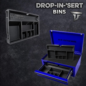 May include: A black plastic organizer tray with multiple compartments labeled Torklabs Drop-In-Sert, shown both separately and installed inside a blue U.S. General metal tool chest with an open lid and an extended drawer on a dark textured background.