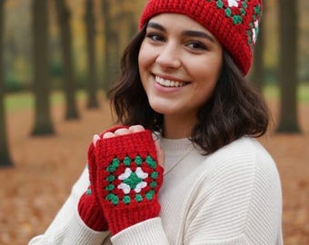 Granny Square Winter Hat and Gloves – Cozy Christmas Gift