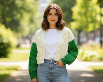 Handmade Crochet Cardigan, Green & Cream Color Block Knit Sweater, Cozy Chunky Women’s Cardigan