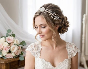 Parel bruids hoofddeksel, bruiloft parel kroon, elegante bruids tiara, handgemaakt bruiloft haaraccessoire