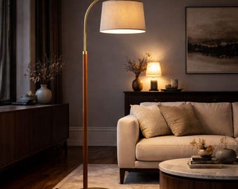 Vintage Messing Bogen - Stehlampe - Mid-Century Modern Holzsockel