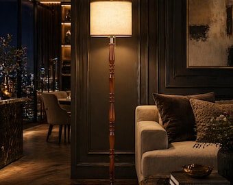 Solid Wood Floor Lamp, Fabric Shade, Tall Standing Light, Cozy Rustic Home Lighting