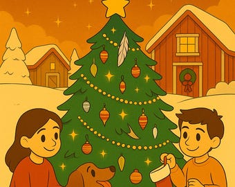 Op de afbeelding: Illustratie van een kerstscène met de tekst "A Farmhouse Christmas Wish". Een versierde kerstboom staat tussen twee kinderen, een hond en ingepakte cadeaus. De achtergrond toont een boerderij en sneeuw.
