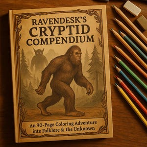 Könnte beinhalten: Ein Malbuch mit dem Titel "Ravendesk's Cryptid Compendium" mit einer Bigfoot-Illustration. Das Buch liegt offen auf einer Holzoberfläche mit Buntstiften und Radiergummis. Der Text auf dem Cover lautet "An 90-Page Coloring Adventure into Folklore & the Unknown."
