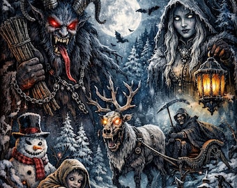 May include: Cover art for "Dark Winter Volume 2", an adult coloring book. Depicts a Krampus-like creature, a woman with a lantern, a reindeer, a snowman, and a child. The background shows a full moon, snowy trees, and the text "A Creepy Adult Coloring Book."