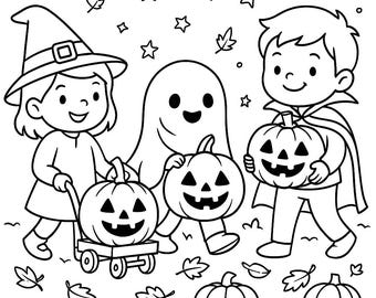 May include: Black and white illustration of Halloween characters. A witch, a ghost, and a vampire are holding carved pumpkins. The witch is pulling a pumpkin on a wagon. Stars and leaves are scattered around.