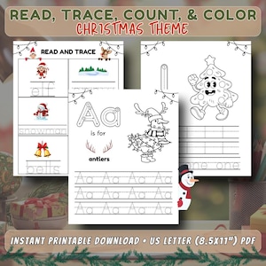 May include: A printable Christmas-themed activity set with the text "READ, TRACE, COUNT, & COLOR". The set includes pages for tracing letters, counting, and coloring, featuring illustrations of elves, snowmen, and Christmas trees. The paper size is US Letter (8.5x11") PDF.