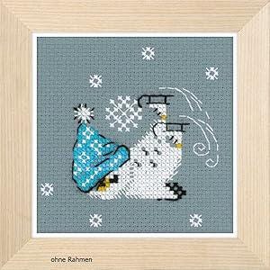 May include: A white owl wearing a blue hat and ice skates is skating on a gray background with white snowflakes. The owl is facing to the right and its wings are spread out. The owl is leaving a trail of ice behind it.